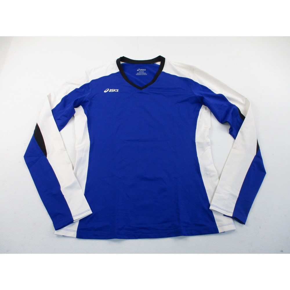 Asics Shirt Mens Large Blue White V-Neck Long Sleeve Athletic Training Top